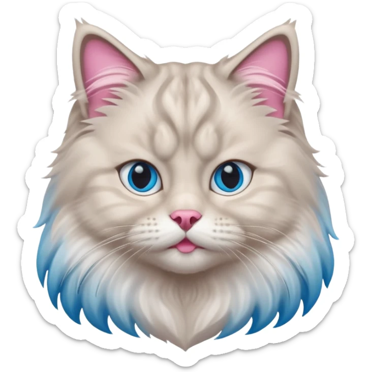 Fluffy Siberian cat face emoji, white and grey long hair, bright blue eyes, pink nose, friendly expression, 3D vector style, isolated on white background. sticker