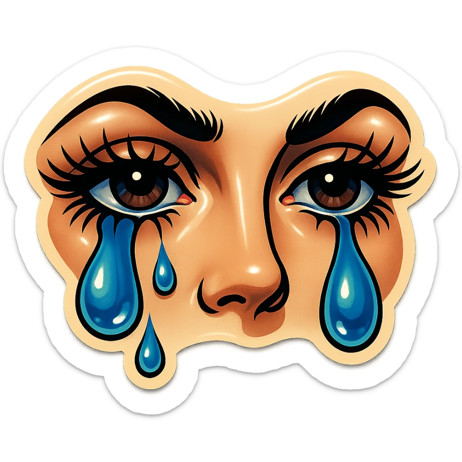 crying gloomy but beautiful female eyes with long eyelashes, sharp black contours, expressive shadows and highlights, retro stickers style, no gradients, only sharp color transitions sticker