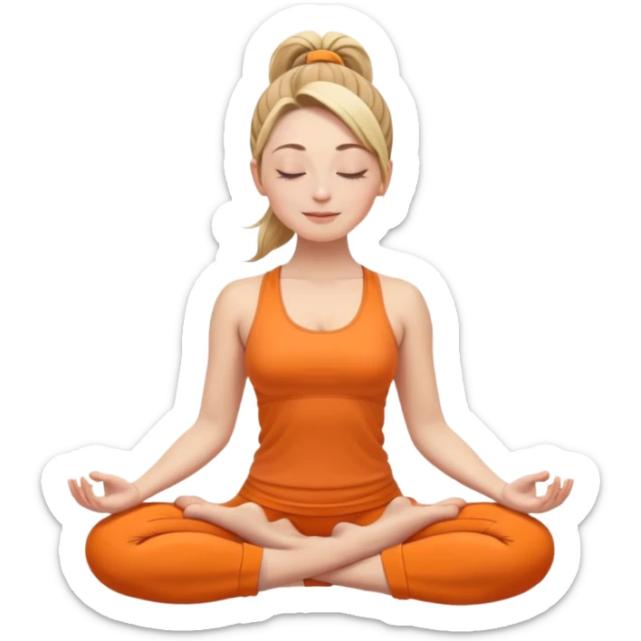 white woman with ponytail hairstyle in lotus position meditation yoga pose, closed eyes with a gentle smile, wearing orange yoga outfit sticker