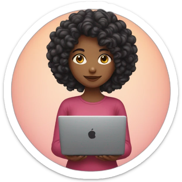 girl with long curly dark hair, with a laptop in her hands and hearts behind her back sticker