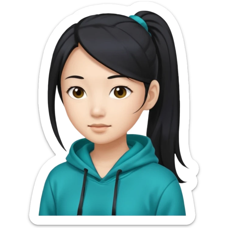generate an asian female with long black hair in a ponytail and a teal hoodie sticker