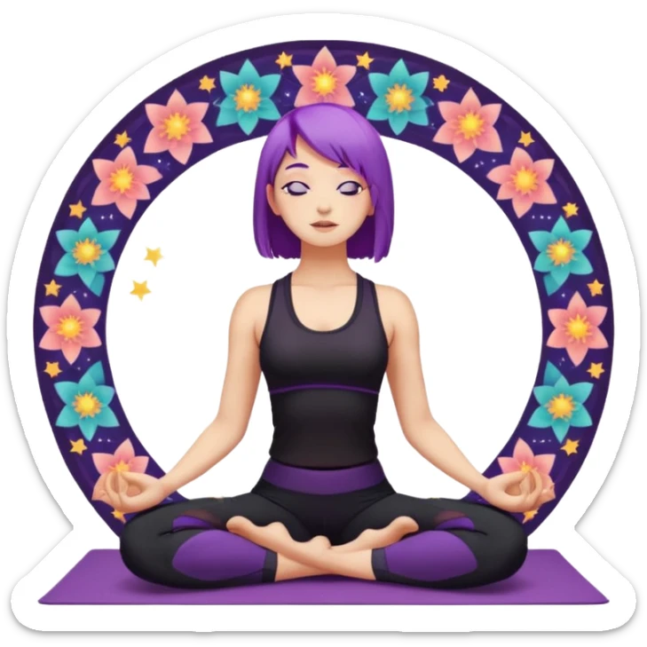 A young woman with purple hair doing yoga in the camel pose (Ustrasana), wearing a black sports outfit, minimalistic background with mandala pattern and colorful stars, soft lighting, peaceful atmosphere, digital illustration style. sticker