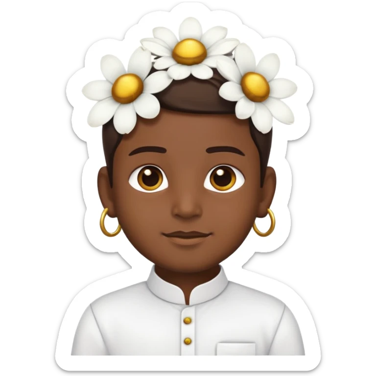Samsung-style emoji cartoon of a Tamil boy in traditional festival attire: white veshti, shirt, gold-bordered angavastram, flower behind ear sticker