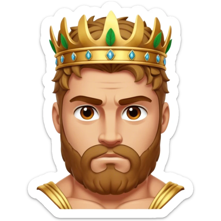 Cinematic Realistic Hercules Portrait, depicted with lifelike, sun-kissed skin and a robust, muscular physique that radiates both power and gentle nobility. His intense, kind eyes and regal expression are complemented by classical Greek attire and a laurel crown, rendered under dynamic lighting that highlights every chiseled detail. sticker