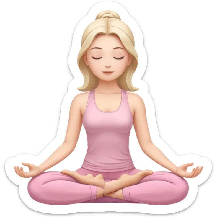 white woman with serene face meditating in lotus position, eyes closed, wearing light pink yoga clothing sticker