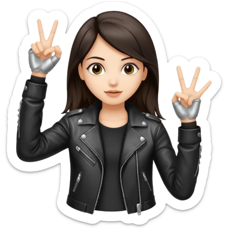 Fair skin long dark brown hair wearing a leather metal jacket girl doing the Rock n roll sign holding a large blank sign sticker