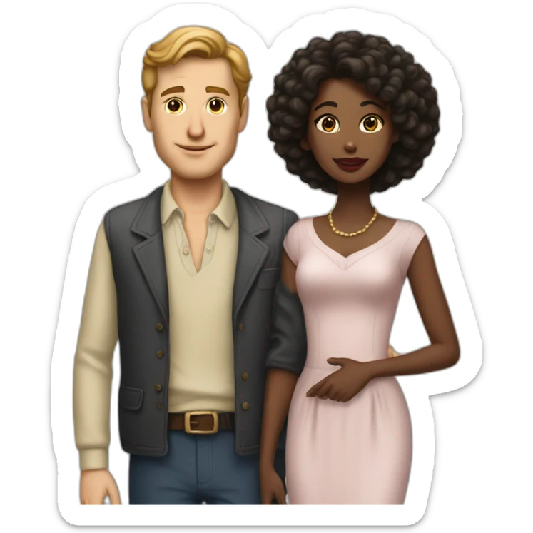 white man in late 50ties in love with younger black woman with small breast, casual dressing sticker