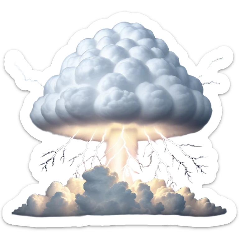 Cinematic Realistic Cumulonimbus Emoji, Towering and imposing, with dark, dramatic clouds reaching up into the sky in a billowing formation. Lightning flickers within, and the atmosphere is charged with energy, signaling a powerful storm ahead. Soft glowing outline, capturing the essence of raw power, intensity, and nature’s fury in a mighty cumulonimbus cloud! sticker