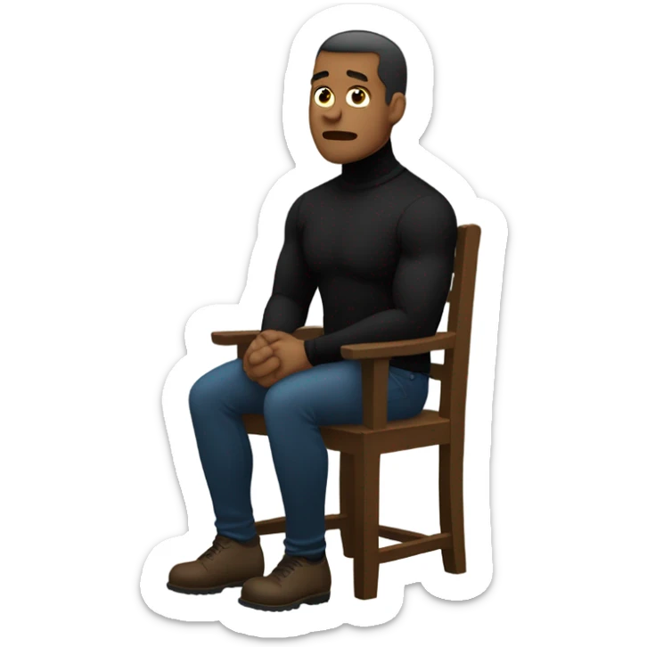 muscle man in black turtleneck shirt and black pants sitting depressed in chair sticker