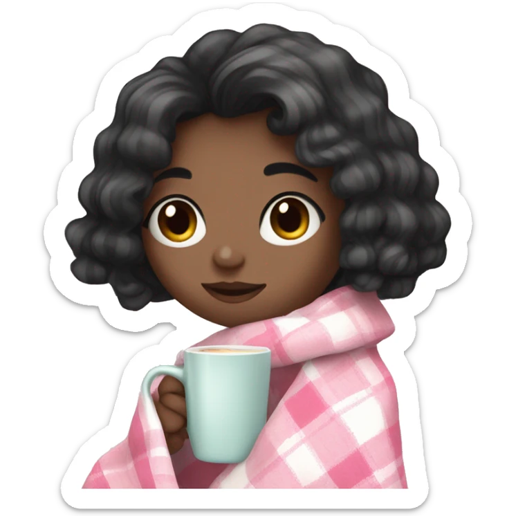 A cute black hair girl wrapped in pastel pink plaid blanket drinking coffee sticker