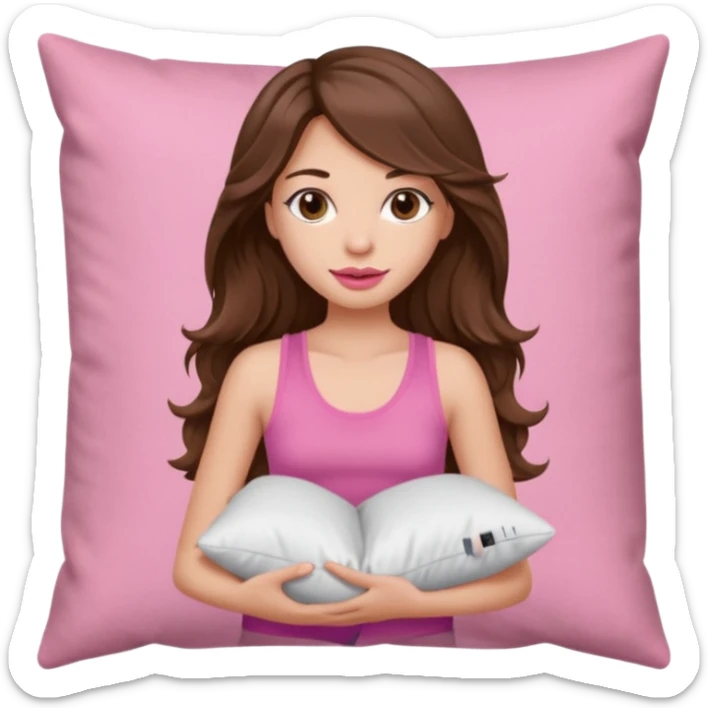 girl with long wavy brown hair brown eyes eyelashes lip liner lip gloss pink tank top holding pillow portrair size sticker