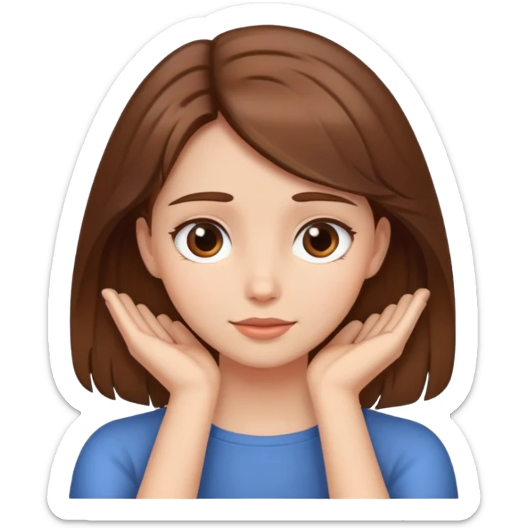 Girl with brown hair with her hands around her neck herself out. sticker