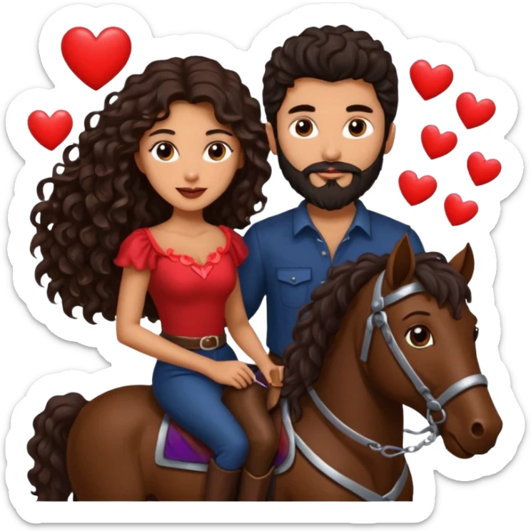 pareja de Mujer morena rizada cabello largo castaño ojos oscuros y hombre piel blanca con caballo oscuro con barba y ojos marron alrededor de la pareja corazones sticker