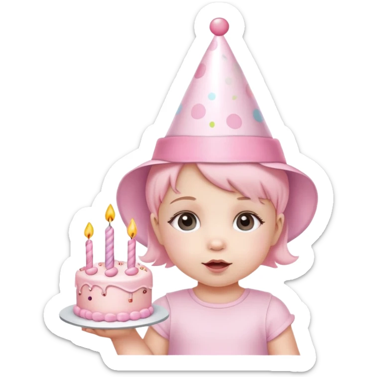 cute baby girl with pastel pink birthday hat and pink birthday cake sticker