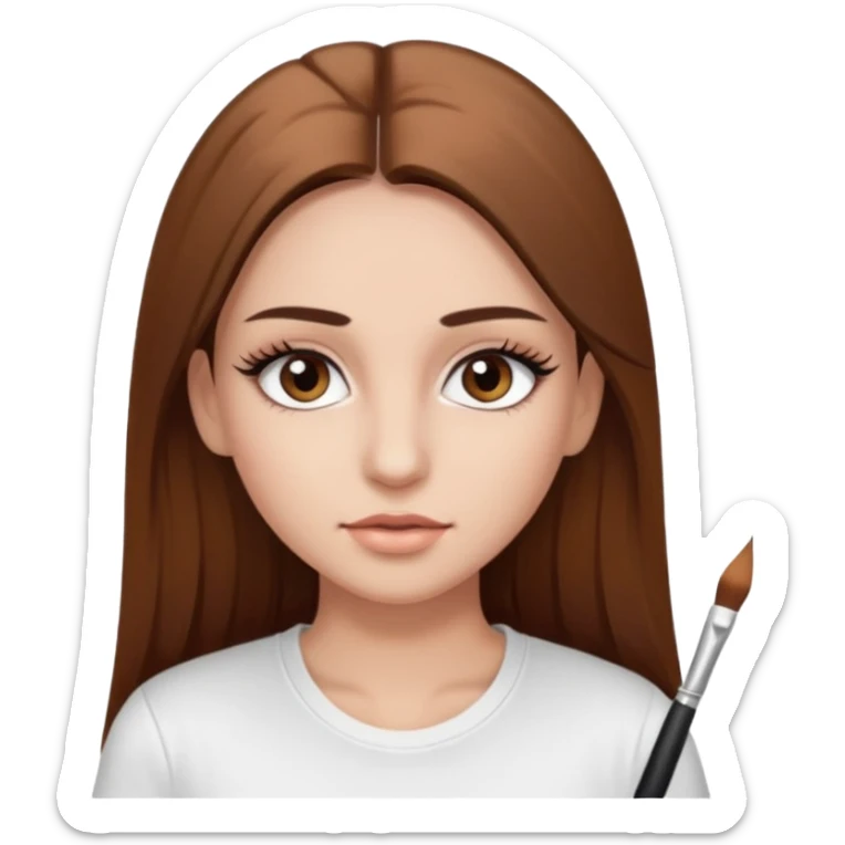 Chica de pelo liso ,largo clean look  y marrón con ojos color marrón  y una camiseta blanca y la piel blanca con pestañas y maquillada clean look  sticker
