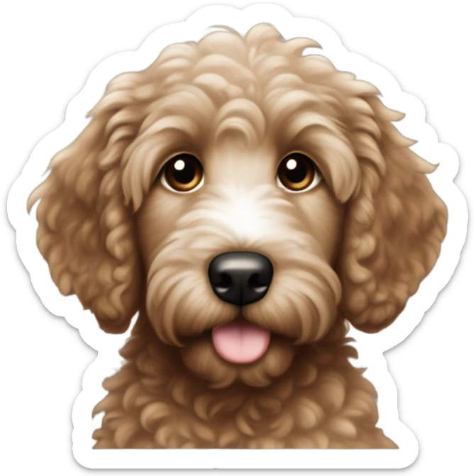 Dark brown goldenoodle puppy with white tuft at tip of nose and white spot on top of head sticker
