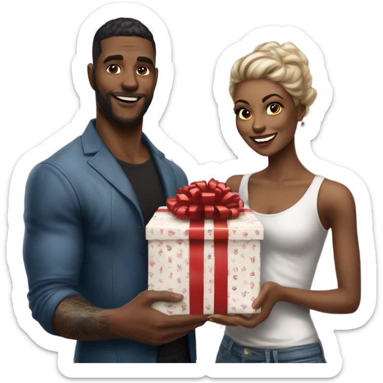Hyper Realistic beautiful woman receiving a gift and a box of chocolates from a handsome tattooed man  sticker
