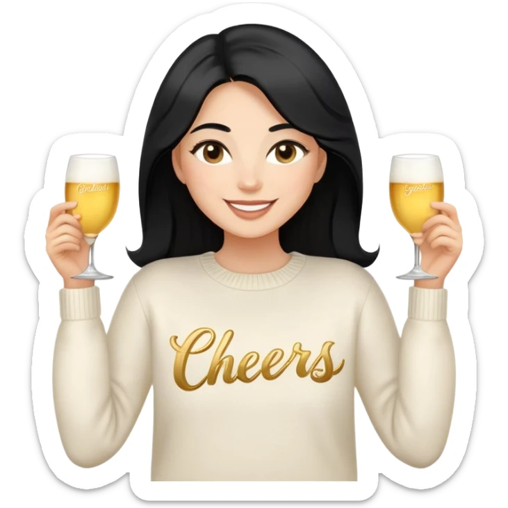 A woman with longer black hair, light to medium skin tone, full cheeks, and almond-shaped eyes, wearing a simple white sweater with the word 'cheers' in gold script, joyful and radiant expression, cheerful, emoji style, just her torso, no hands. sticker