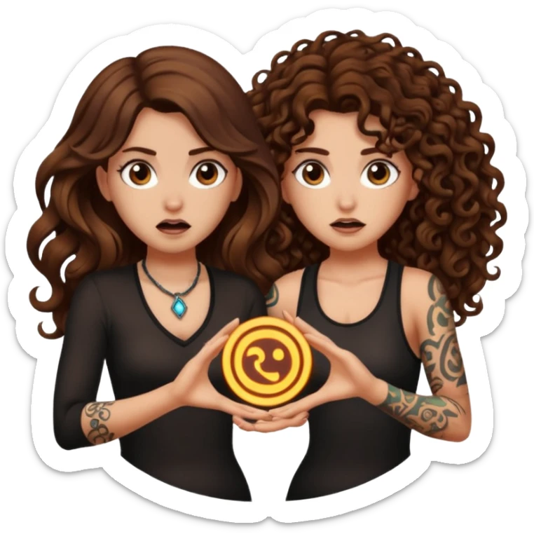 rune trap — long wavy brown hair tattooed woman and short tight curly brown hair woman — startled circle glow sticker