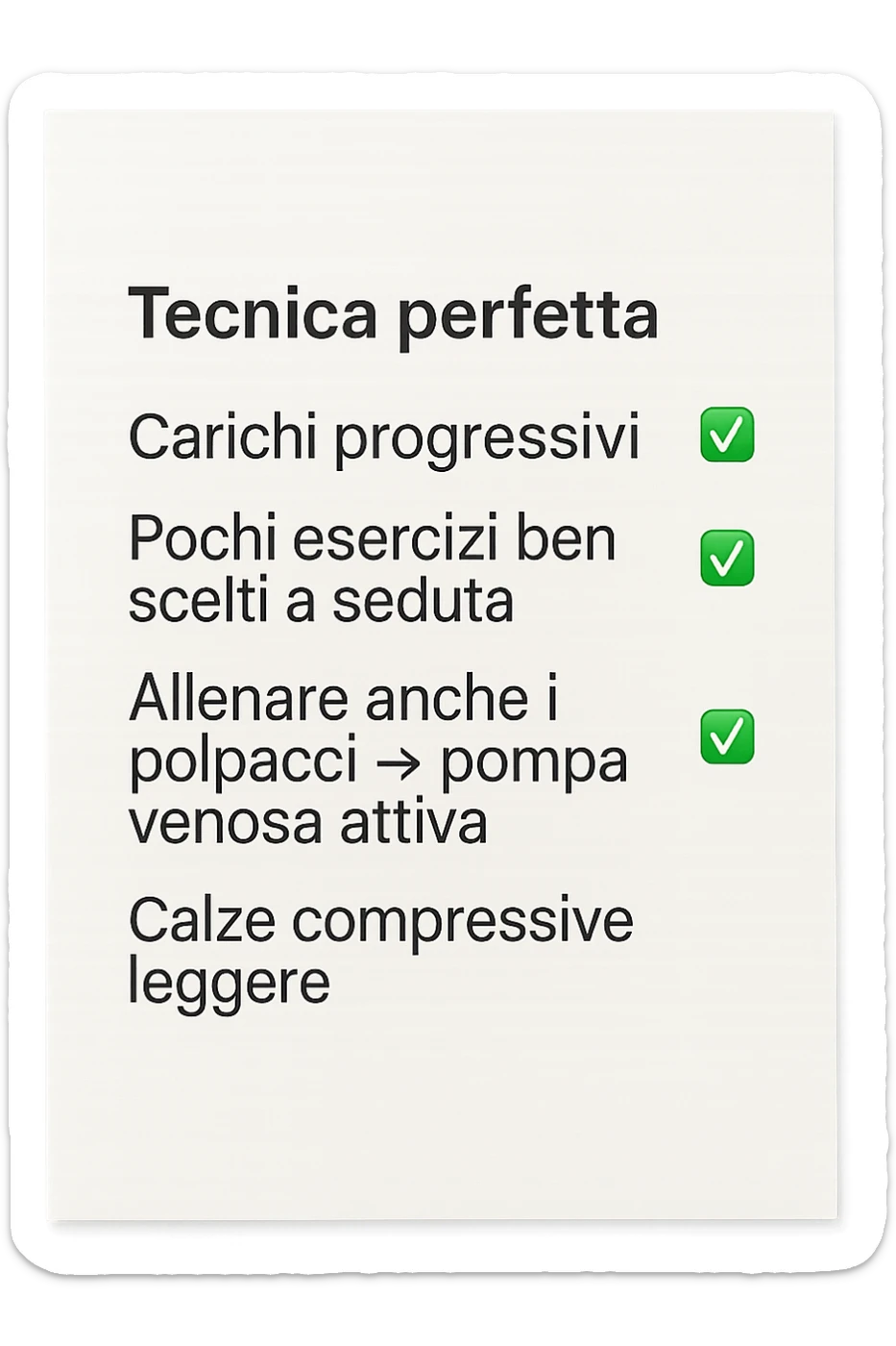 FOGLIO DI CARTA PER L'ALLENAMENTO IN PALESTRA CON LA SCRITTA "Tecnica perfetta
 ✅ Carichi progressivi
 ✅ Pochi esercizi ben scelti a seduta
 ✅ Allenare anche i polpacci → pompa venosa attiva
 ✅ Calze compressive leggere" , IPERREALISTICA 4K sticker
