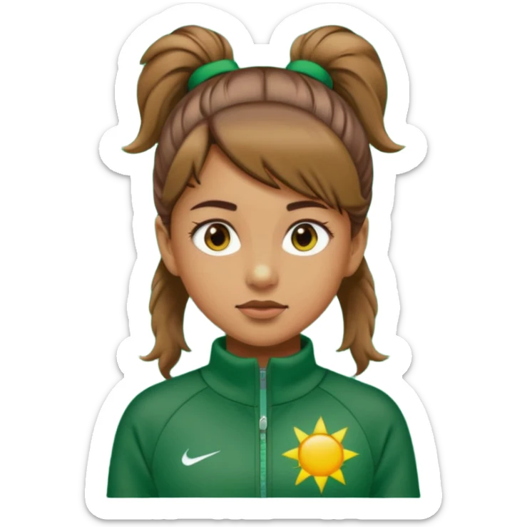 ​"A high-resolution mosaic of a girl with determined eyes and a high brown ponytail, meticulously crafted from thousands of tiny emojis."
​"The art captures her forest-green tracksuit and a sun-drenched, blurred background using creative emoji shading." sticker