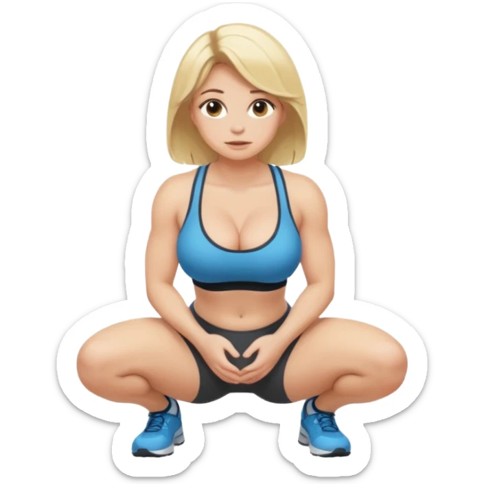 busty blonde woman, SFW, kneeling in a squat, hands on knees sticker