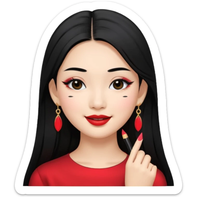 A Asian girl with fare skin and earrings, long straight black hair that is covering her checks with black eyes, smiling with a open wings eyeliner sticker