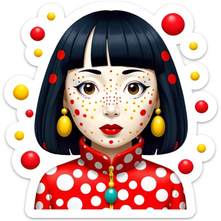 Yayoi Kusama – Cinematic Realistic Portrait of old Japanese artist Yayoi Kusama, depicted as an avant-garde artist with an eccentric, captivating expression surrounded by her iconic polka dot patterns, rendered with vivid textures and imaginative lighting that evokes her unique, surreal creative world. sticker