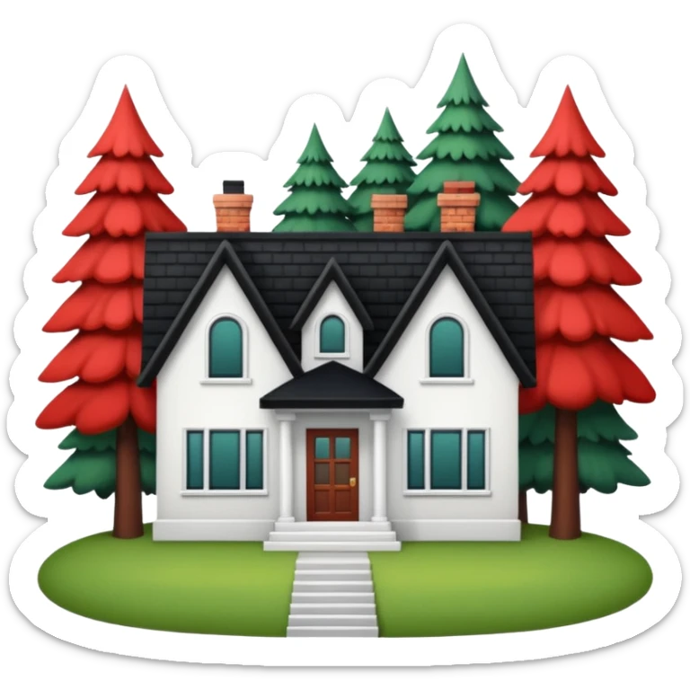 a one-story house with a forest background. The house is to have a white façade with red brick inserts.  the roof is to be black, gable. sticker