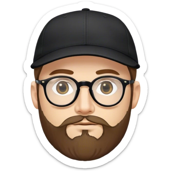 Um homem de blusa preta e boné de aba curvada preto, com oculos , olho puxado,pele branca, barba completa com pelos baixos  sticker