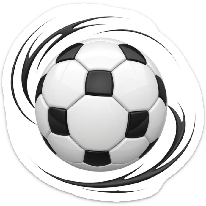 Apple-style emoji of a soccer ball with curve effect, flying with curved wind trails showing spin, glossy 3D look, clean minimal design, soft lighting, transparent background. sticker