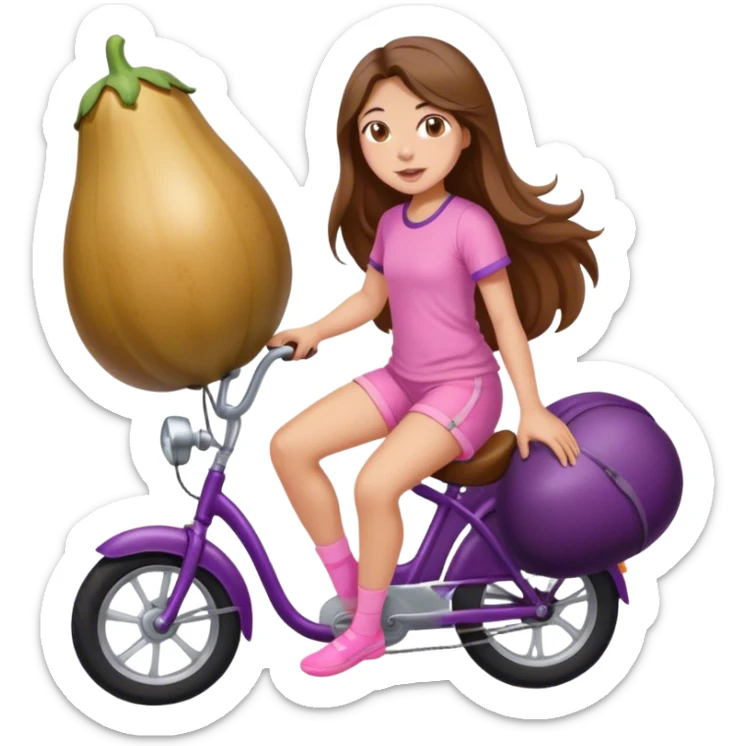 girl with long brown hair riding eggplant in shorts pink pijamas sticker