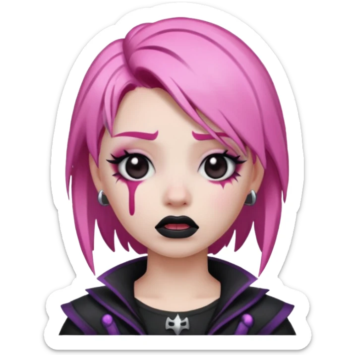 Twitch emoji style crying emoji inspired by Haze skin from Fortnite featuring pink hair, dark lipstick, and gothic accessories sticker