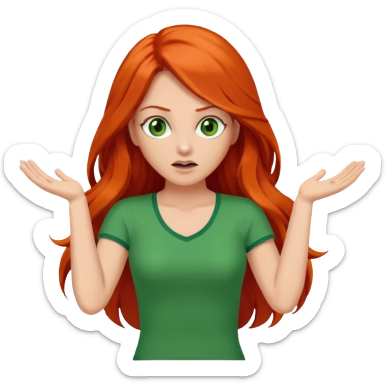 lady with long red hair, green eyes and orange top throwing arms in the as if confused sticker