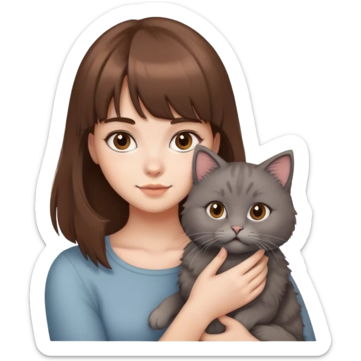 a girl with fair skin and brown hair with bangs holds a gray fluffy cat in her hands sticker