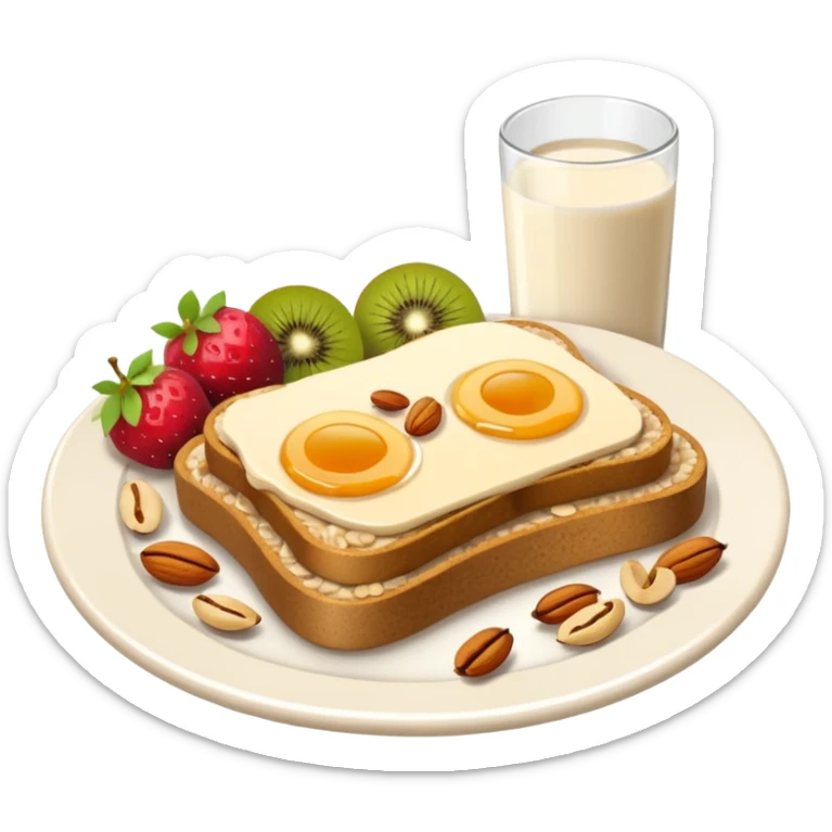 Vegetarian breakfast emoji illustration, flat iOS emoji style, toast, fruits, oatmeal, nuts, milk, no eggs, no meat, no fish, no non-vegetarian food, clean white background.” sticker