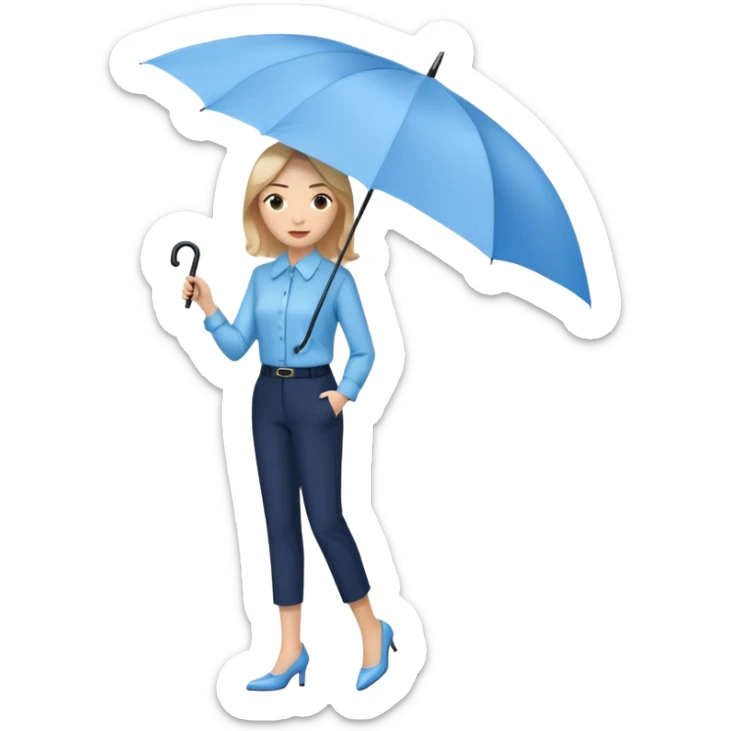 female smart light blue blouse, dark trousers, shoes. one hand holding an umbrella sticker