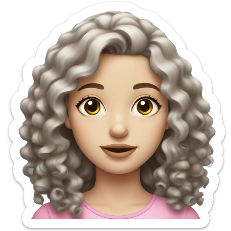 girl with pale skin, gray eyes, long curly brown hair with pink lips sticker
