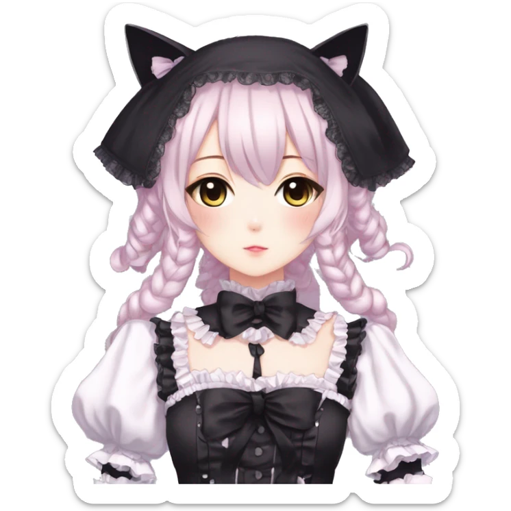 Gorgeous gothic Lolita anime style catgirl with blushing face with maid outfit laces headdress idol model kawaiicore pearly petite simplistic aesthetic trending style sticker