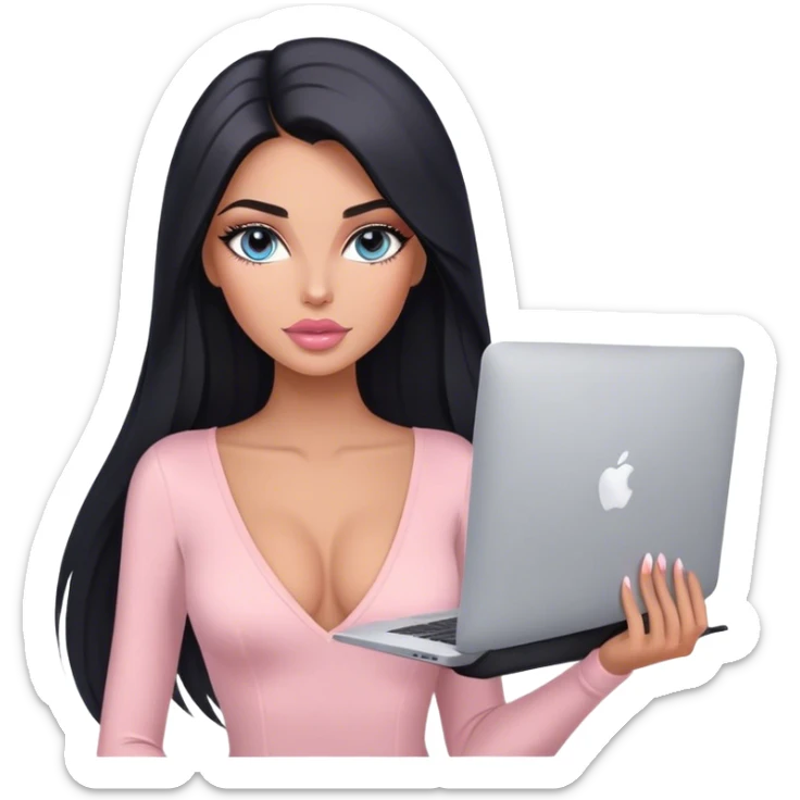 Glamours, tanned, very beautiful girl, with big pump peach-beige-rose lips, long lashes, black straight smooth silky long hair, straight parting hair, blue-grey eyes, in light-pink v-neck bodysuit holding MacBook sticker
