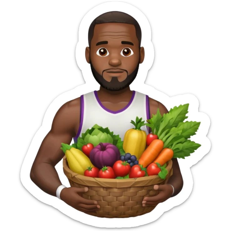 LeBron James holding a basket of fruits and vegetables sticker
