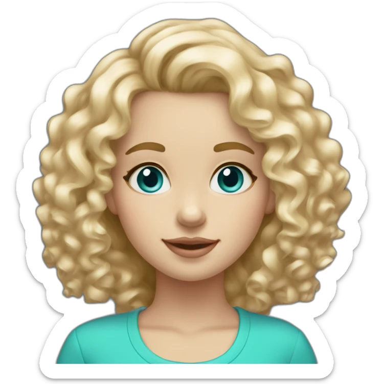 Blonde curly hair mid length.  Belgian girl. blue eyes with turquoise earrings and light pink features sticker