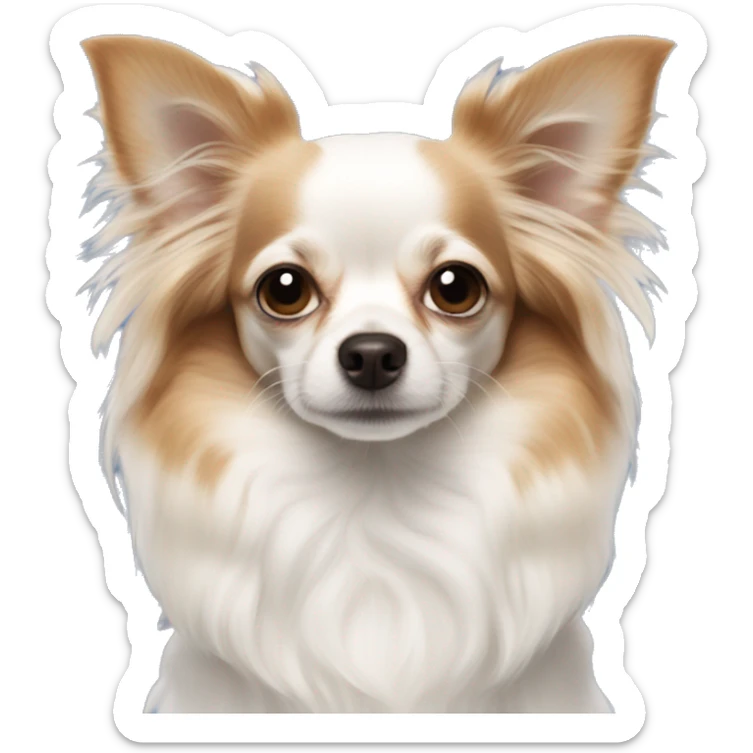 Long-haired white Chihuahua with reddish brown markings wearing royal blue pajamas sticker