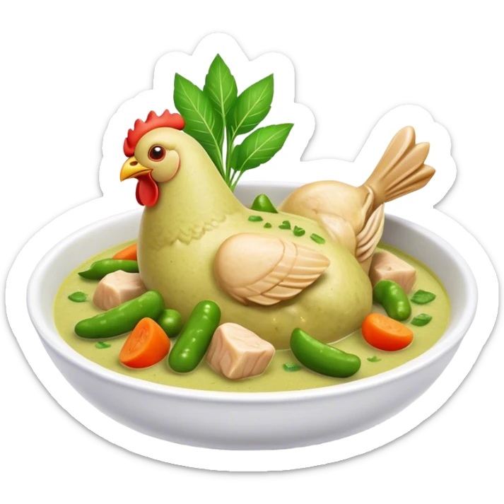 Green Chicken Curry Cinematic Realistic Green Chicken Curry Dish Emoji, depicted as tender chicken chunks simmered in a fragrant green curry sauce with vegetables, rendered with vivid textures and dynamic, vibrant lighting. sticker