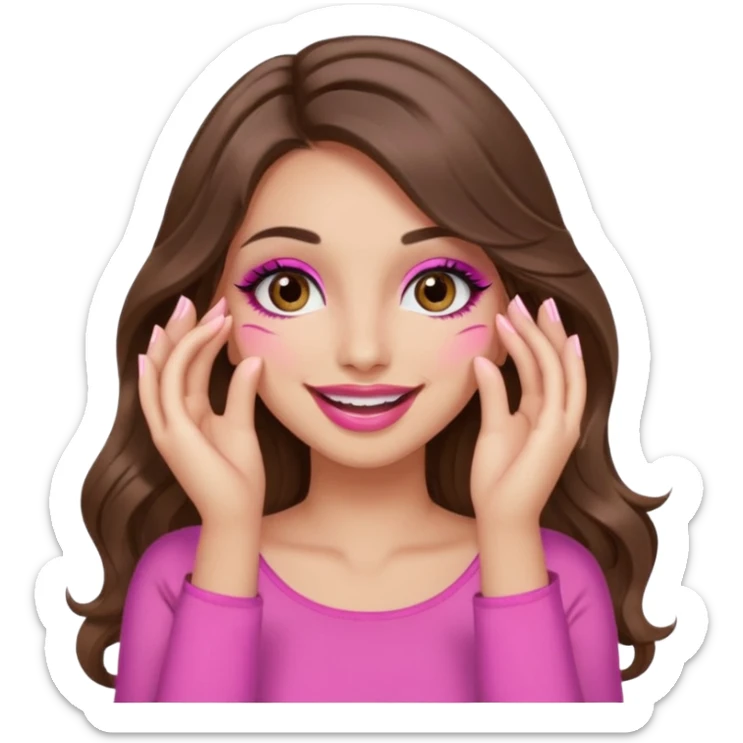 girl with long wavy brown hair, brown eyes, long lashes makeup, sexy pink lips, light to medium complexion, pink sexy top, smiling, hand covering eyes sticker