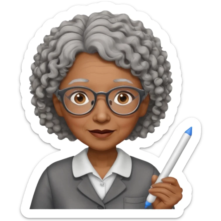 old woman teacher, brown skin, curly grey hai, wearing glasses, hold chalk on hand sticker