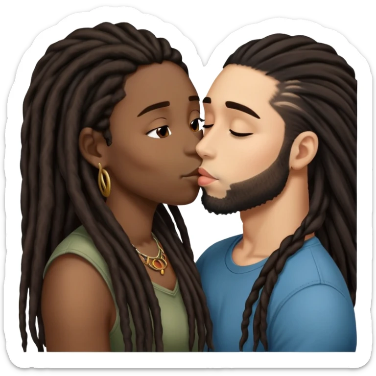 Latina Woman with long hair kissing a young black guy with dreads chin hair sticker