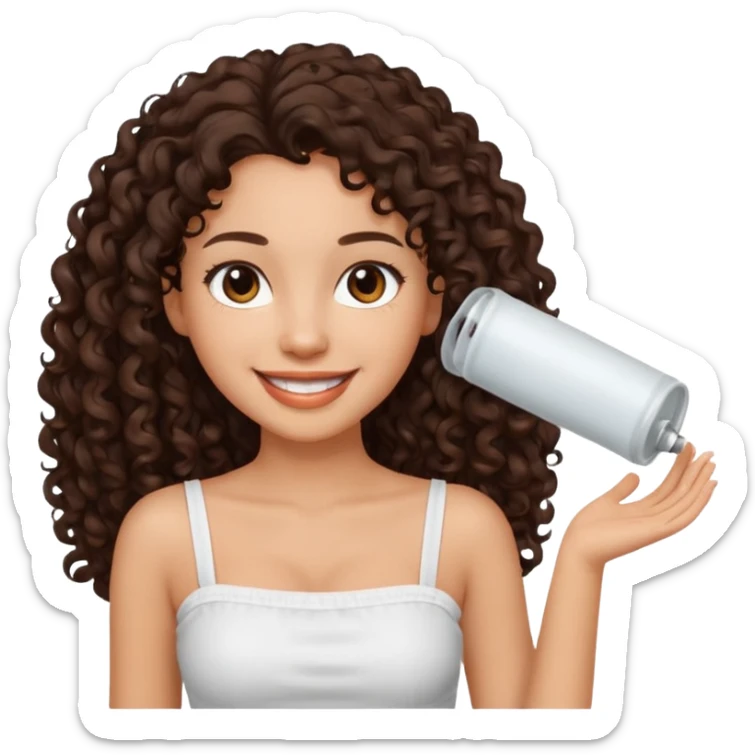 Woman with light skin and dark brown eyes and dark brown long curly hair and white tube top sticker
