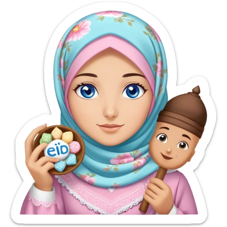 Turkish beautiful finish Konya girl blue eyes with pastel floral hijab islamic dress and had on her hand text Eid Mubarak with sweets and celebrating with her friends eid days   sticker