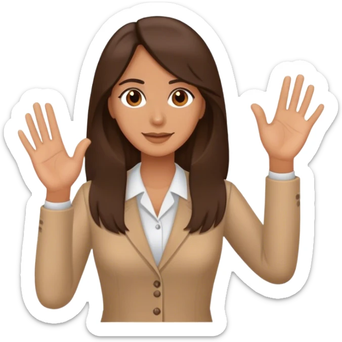 A teacher with long brunette hair and brown eyes, saying hallo with the hand sticker